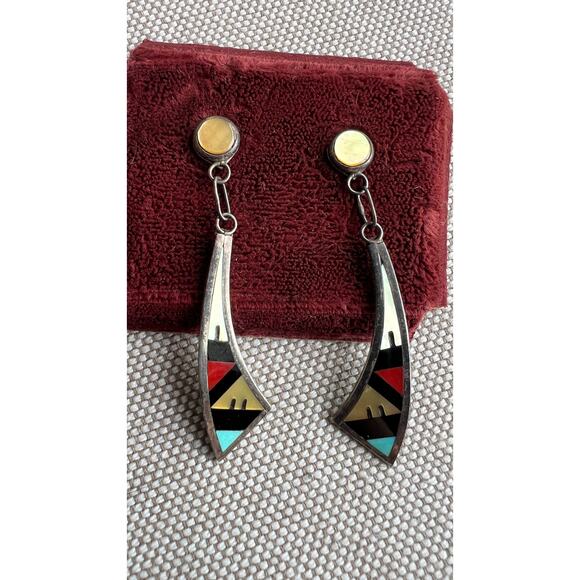Turquoise Sterling Silver Native Zuni Emery Ohmsatte Inlay Dangle Earrings - Picture 4 of 9